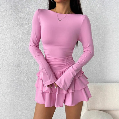 2025 Autumn Solid Slim Fit Cascading Ruffles Mini Dress Winter Women Elegant Flare Sleeve High Waist Sexy Party Bodycon Dresses Badiee Stylez