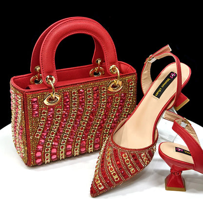 2025 Luxurious Italian Women's Party Shoes & Bag Set – Elegant Golden Rhinestone Spring/Summer Sandals with Pointed High Heels f RED