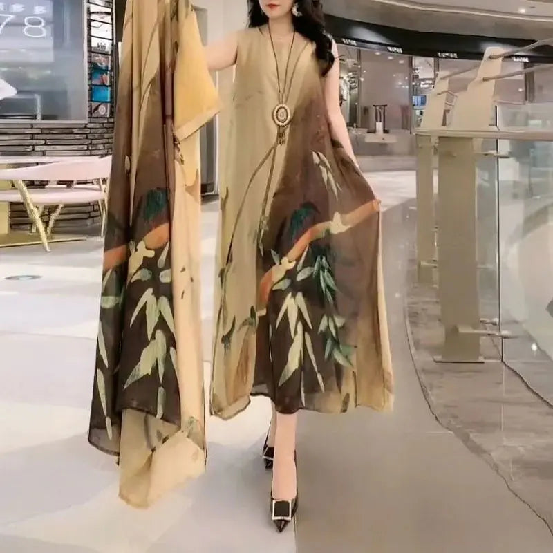 Commute Floral Printed Matching Sets Two Piece Set Casual Round Neck Spring Summer Female Fashion Irregular Hem Long Dress Sets 8284