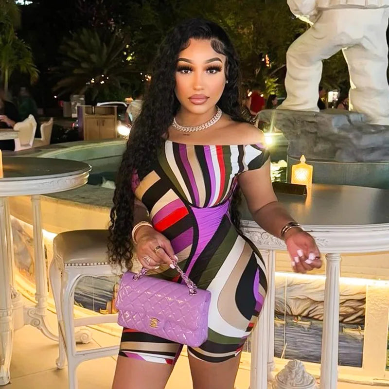 ANJAMANOR Multicolor Printed Off Shoulder Short Jumpsuits for Women 2024 Sexy Club Outfit Ladies Rompers Summer Clothes D85-BZ14