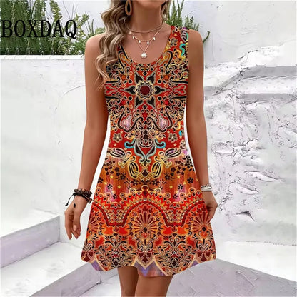 New Women Summer Sleeveless Bohemian Dress Sundress Loose Print Vacation Dress for Casual Beach Dress For Women Fashion Clothing HWX424 CHINA