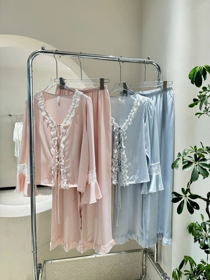 Blue Pajamas Set Elegant Home Clothes Ice Silk Sleepwear Women Loose Trousers Suit Four Seasons Loungewear Sexy Lace Nightgown
