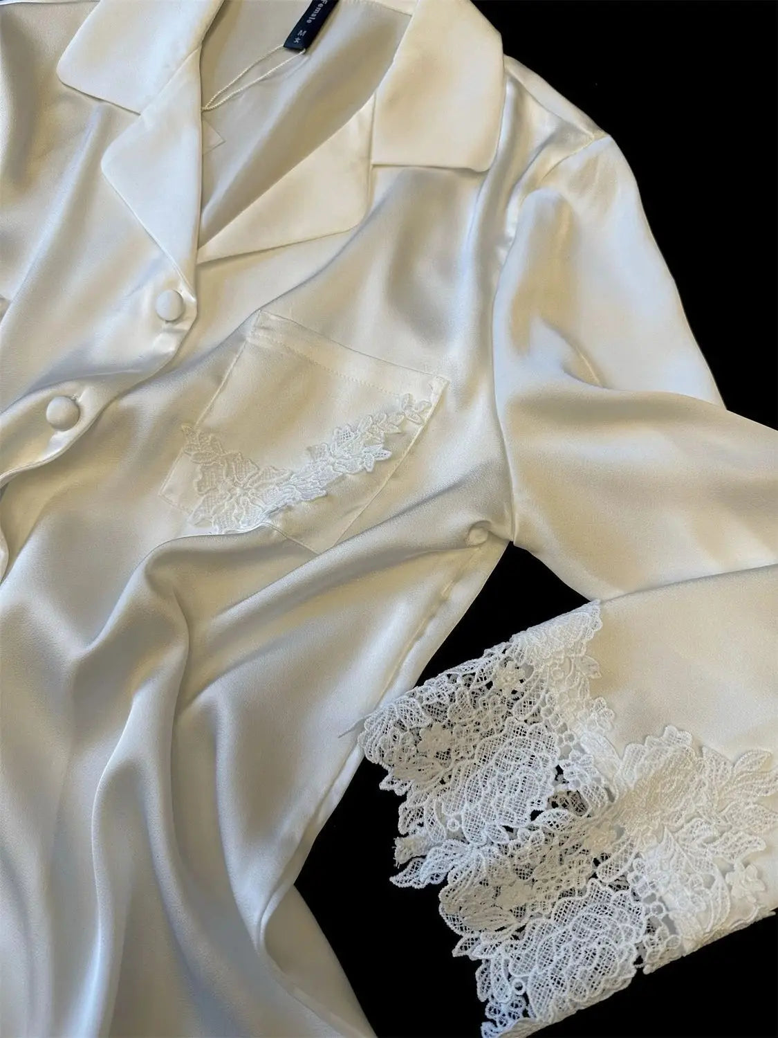 Female Pajamas Set White Satin Lace Trim Bride Wedding Sleepwear Gift Homewear Sexy Loose Long Sleeve Trouser Suit Loungewear