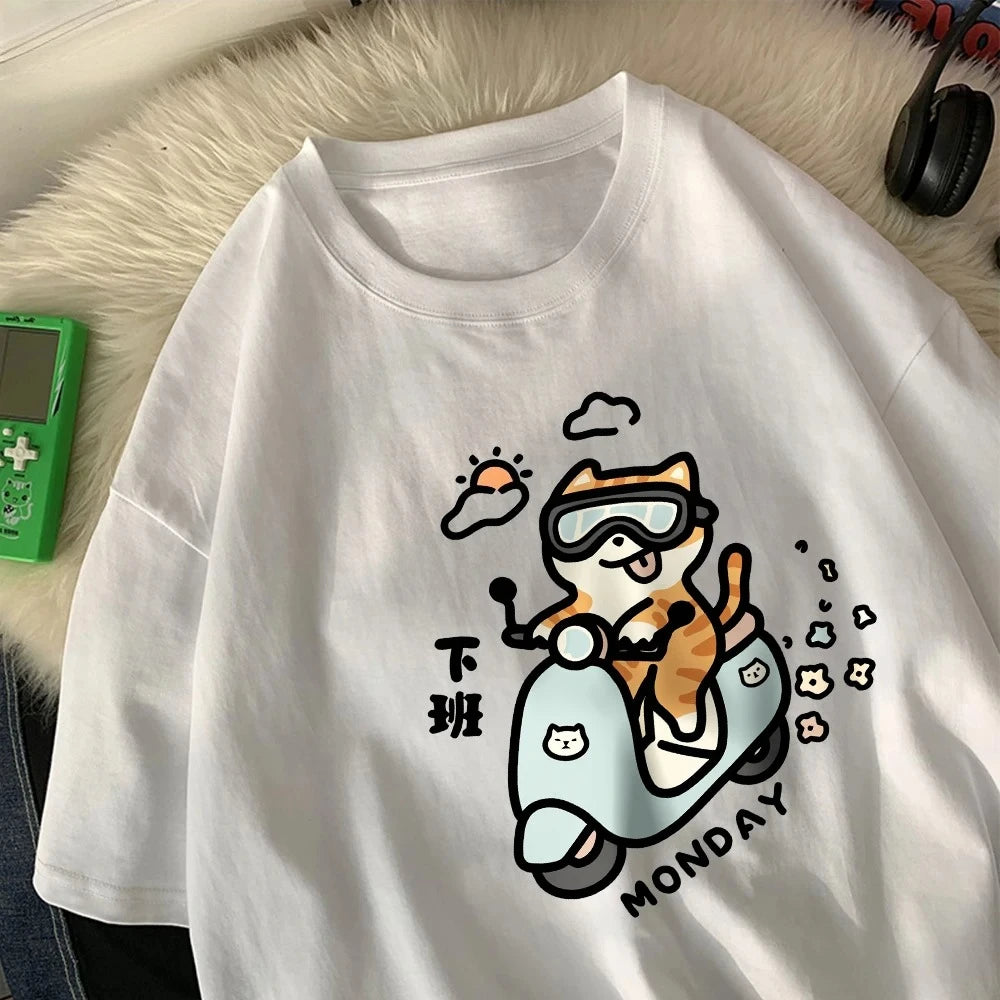 Cute Cat Riding Home After Work on Monday Women T-Shirts Cartoon Printed Tops Round Neck Soft T Shirt Summer Clothing