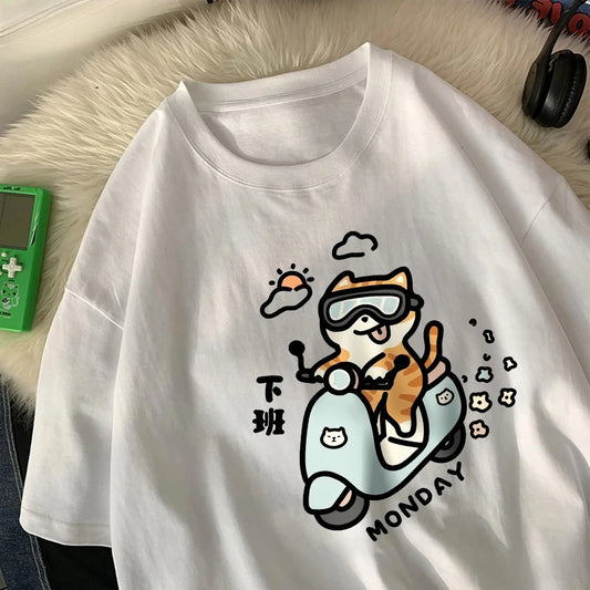 Cute Cat Riding Home After Work on Monday Women T-Shirts Cartoon Printed Tops Round Neck Soft T Shirt Summer Clothing
