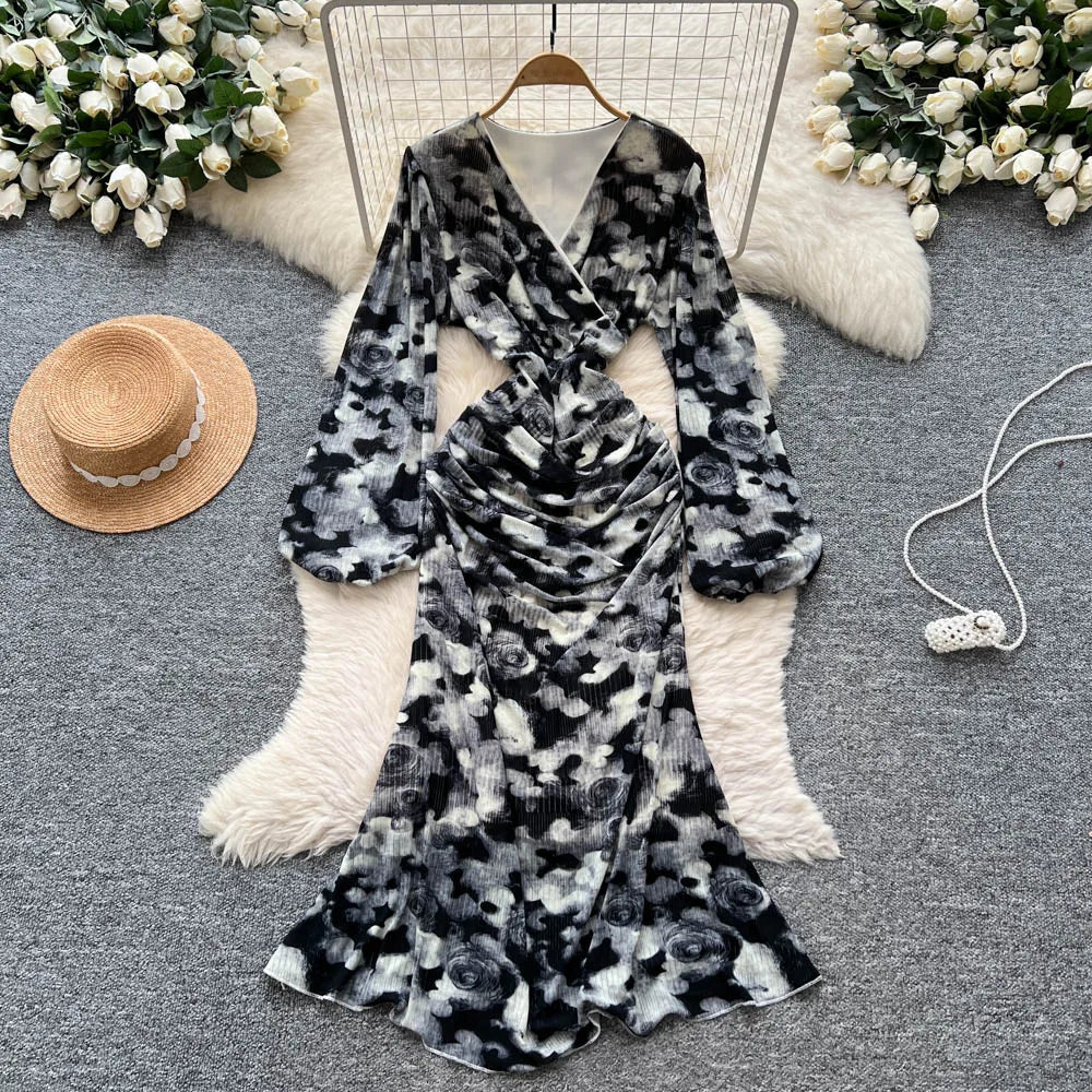 Chic vintage long sleeve Criss-Cross print pleated Elegant Fairy korean fashion dress women clothing Long dress black One Size