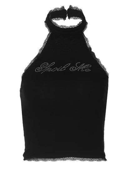 Dulzura Halter Sleeveless Crop Top Vest 2024 Summer Women Lace Patchwork Sexy Rhinestones Y2K Vintage Elegant Club