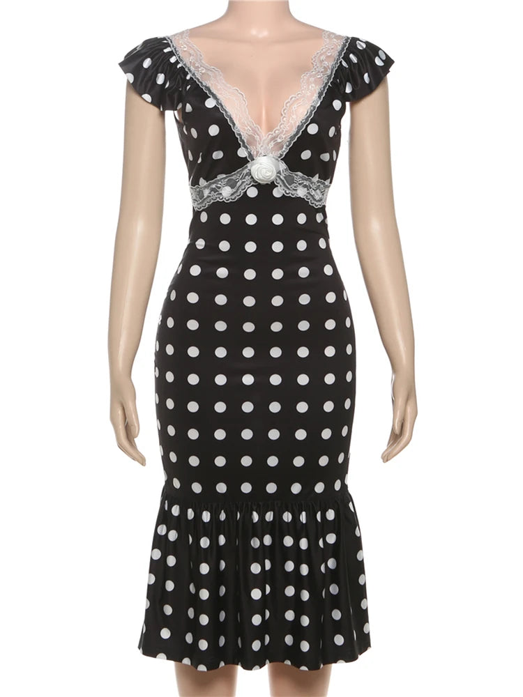 Polka Dot Ruched Dress Elegant Birthday Party Skinny Bodycon Sexy Backless Dress Women Flying Sleeve Lace Trim Applique