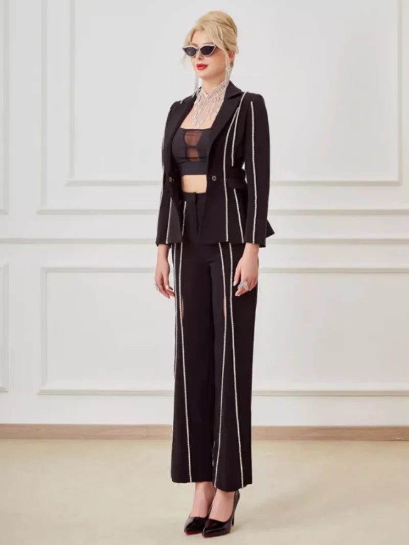 Designer Women Diamonds Hollow Out High Waist Slim Fit Blazers Top Straight Pants Two Piece Set Party Office Ladies Suits Set Badiee Stylez