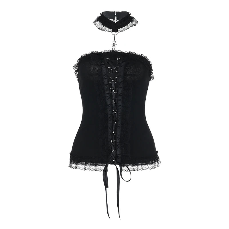 Goth Sexy Lace Corset Crop Tops Camis Y2K Harajuku Aesthetic Black Red Cross Basic Tank Top Summer Women Grunge Emo Streetwear XS25004