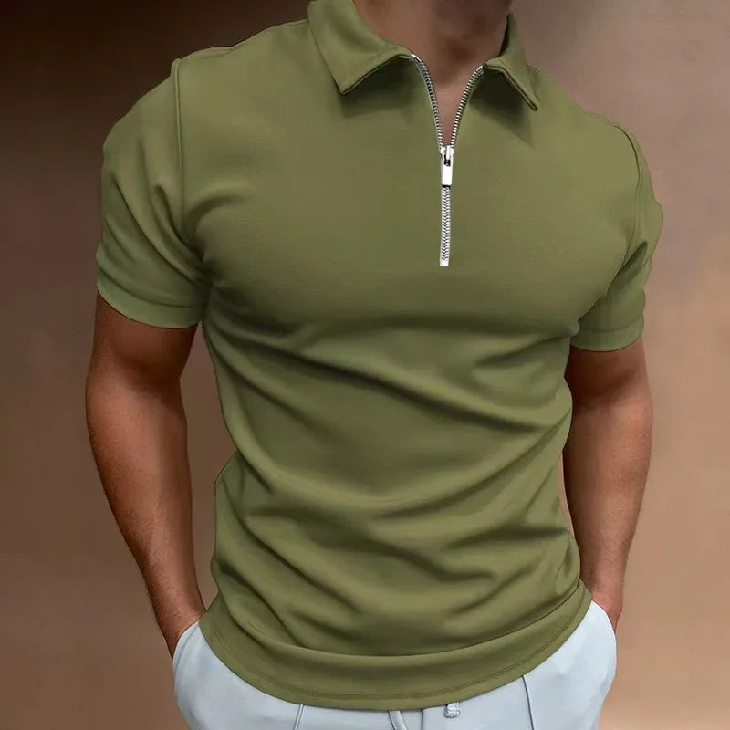 Summer Vibes Men's Polo Shirt - Solid Color, Short Sleeve, Zippered Turn-Down Collar for Effortless Casual Style