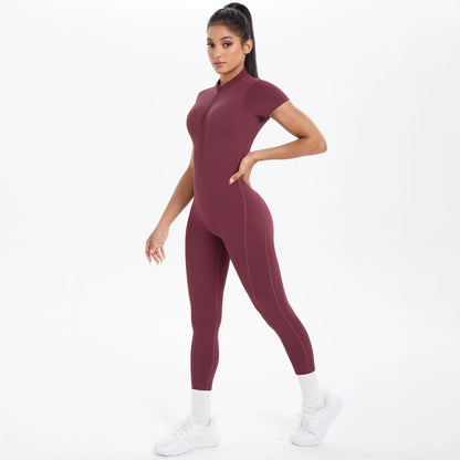 Short Sleeved Fitness Jumpsuit for Woman Bodysuits Backless Solid Color Scrunch One-Piece Suit Half Zipper Gym Yoga Sets Womens