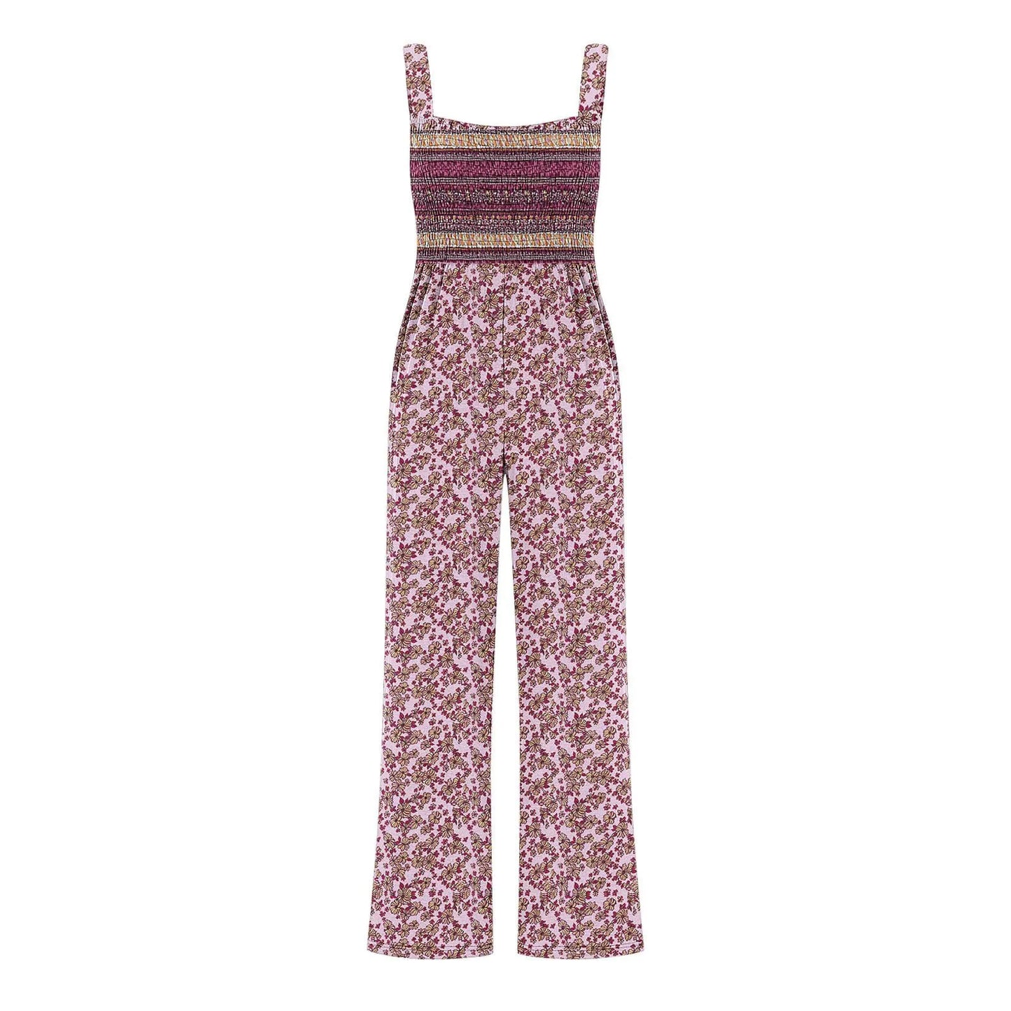 Women'S Suspender Jumpsuits Fashion Trend Pleated Shoulder Straps Printed Pocket Loose Wide Leg Jumpsuits Daily Casual All-Match