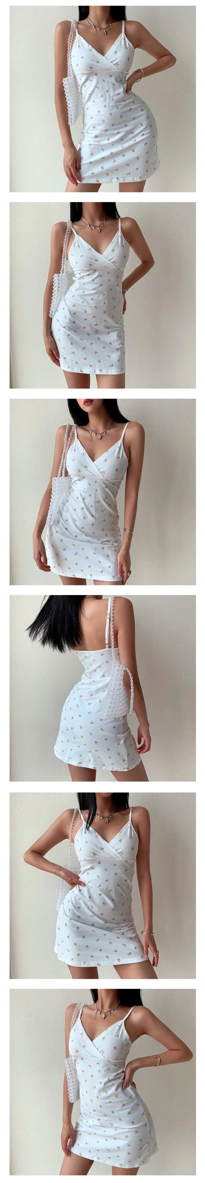 New Sexy Mini Dress Women Summer Vintage Floral Black White Navy Y2K Skinny OL Party Evening V-Neck Camis Dresses Woman Clothes