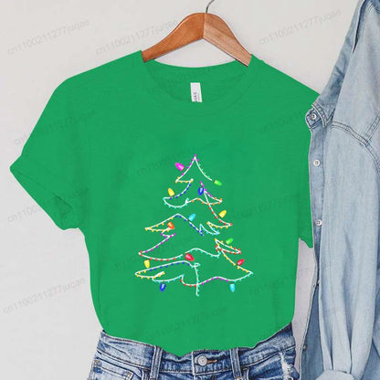 Women's Casual T-Shirts Christmas Lights Xmas Tree Print T-Shirt Christmas Party Design Tops Short Sleeve Ladies T Shirts Tops