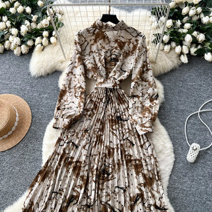 Chic vintage long sleeve turn-down collar button pleated Elegant Fairy korean fashion Boho women clothing Long dress