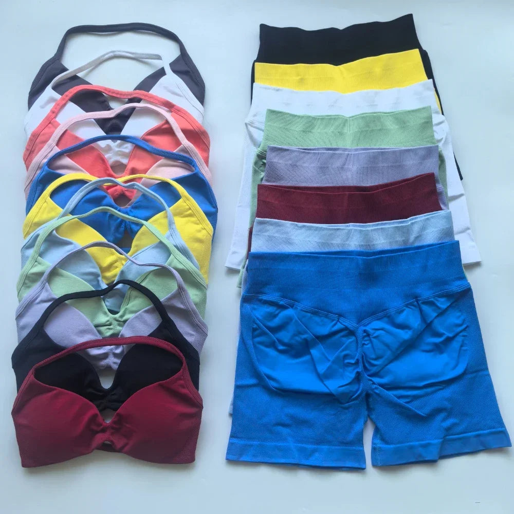 NO LOGO 2PCS Gym Set Women Strappy Yoga Bra Top High Waist Workout Scrunch Shorts Sports Suit Seamless Yoga Set Fitness Clothes Badiee Stylez