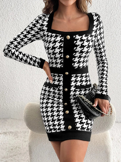 New Square Collar Long Sleeve Jacquard Plaid Stretch Tight Skintight Bandage Group Temperament Senior Sense Dress Badiee Stylez