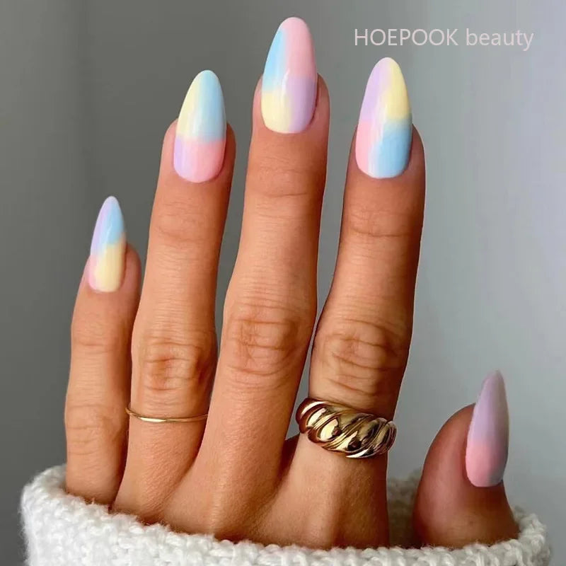 24pcs Nude French Fake Nails White Edge Almond False Nails Art Full Coverage Removable Waterproof Artificial Press on Nail JP2042