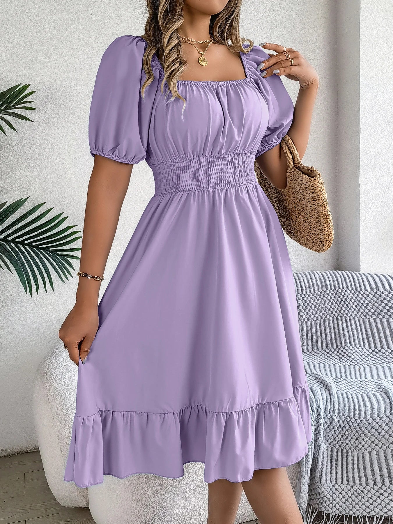 Spring and Summer Elegant High Waisted Dress Square Neck Short Sleeved Ruffled Edge Long Dresses for Women Badiee Stylez