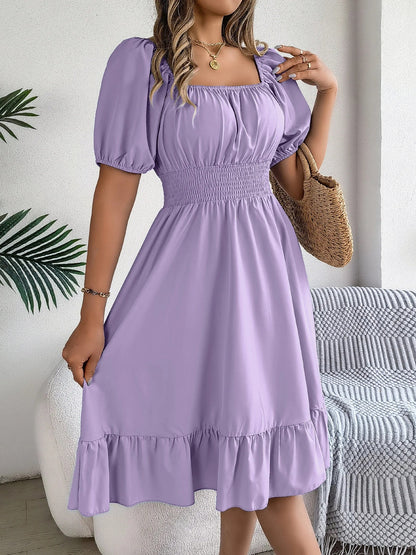 Spring and Summer Elegant High Waisted Dress Square Neck Short Sleeved Ruffled Edge Long Dresses for Women Badiee Stylez