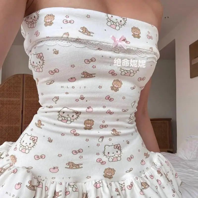 Japanese Hello Kittys Skirt Kawaii Cartoon Kittys Print Dress Y2K Girls Slim-Fit Cake Skirt Women's Sexy Strapless Dresses Gift