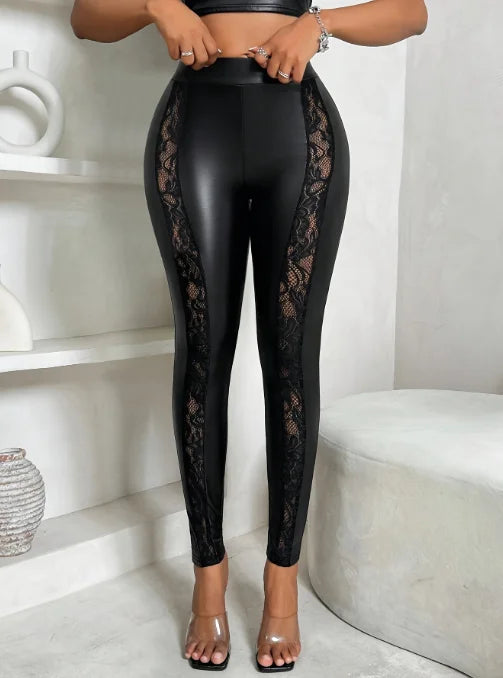 Women's Sexy Pants 2024 Spring Fashion Mesh Panel Belt Buckle High Waist Zipper Casual Tight Elastic Daily Pants Y2K Street Wear