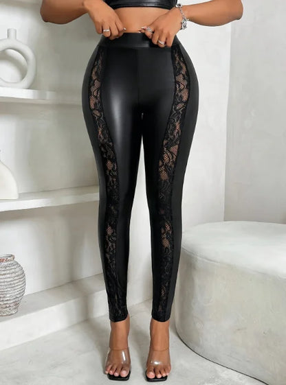 Women's Sexy Pants 2024 Spring Fashion Mesh Panel Belt Buckle High Waist Zipper Casual Tight Elastic Daily Pants Y2K Street Wear