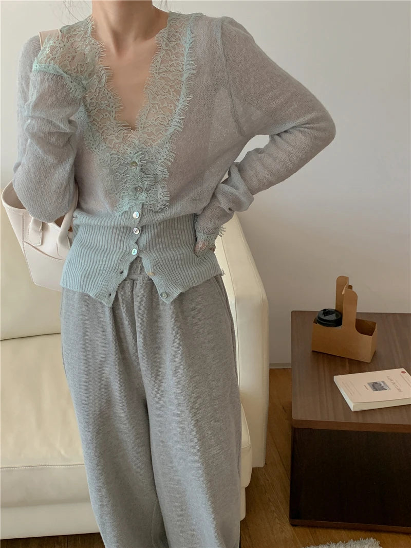High-fashion Kawaii Botton Up Lace Patchwork Knitted Cardigan Women Autumn Winter Ladies Elegant Vintage Sweater Cheap Wholesale