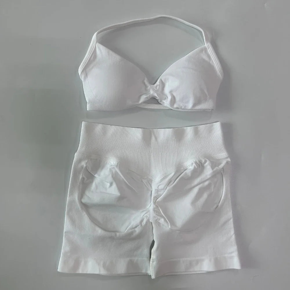 NO LOGO 2PCS Gym Set Women Strappy Yoga Bra Top High Waist Workout Scrunch Shorts Sports Suit Seamless Yoga Set Fitness Clothes Badiee Stylez