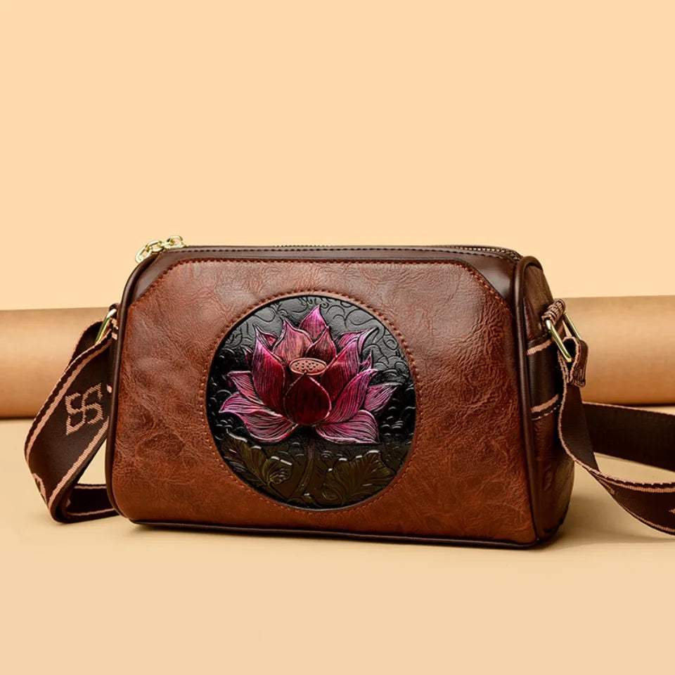 Three Layers Women Handbag Soft Leather Shoulder Crossbody Bags for Women Flower Print Ladies Messenger Bag with WIde Strap