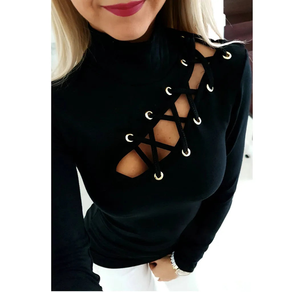 Women Shirt Fashion Sexy High Pure Color Leaky Blouse Under Shirts Long Sleeve Slim Fit Hollow Out Female Clothes High Elastic