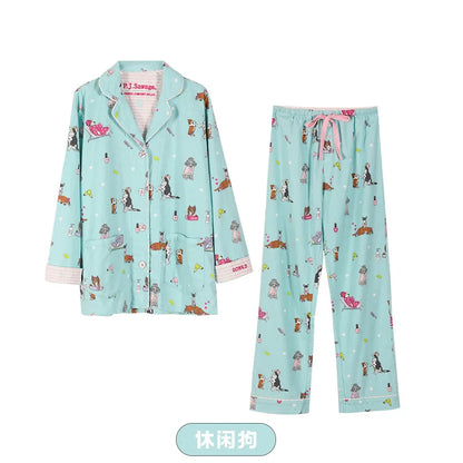 Women's Print Cotton Pajama Set Long Sleeve Autumn Winter Ladies Sleepwear 2 Pcs with Pant Single Breasted Pijama Suit Female Style 3