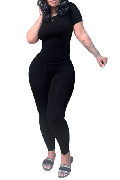 Lounge Wear Ribbed Casual 2 Piece Summer Shorts Set For Women Sleeve Top+Elastic Leggings Outfits