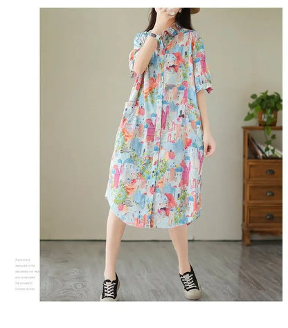 Fashionable Cartoon Printed Short-sleeved Shirt Skirt for Women in Summer Loose Dress