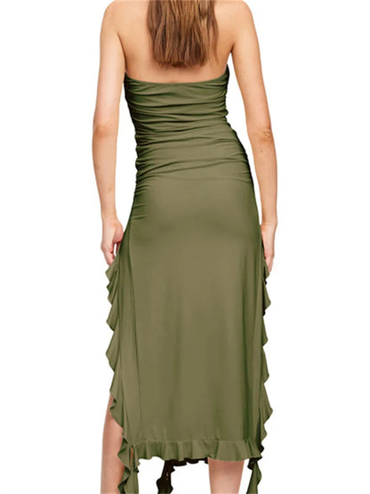 Sexy Strapless Off Shoulder Midi Dress Women Ruffles Split Beach Dress 2024 Summer Slim Fit Party Female Vestido