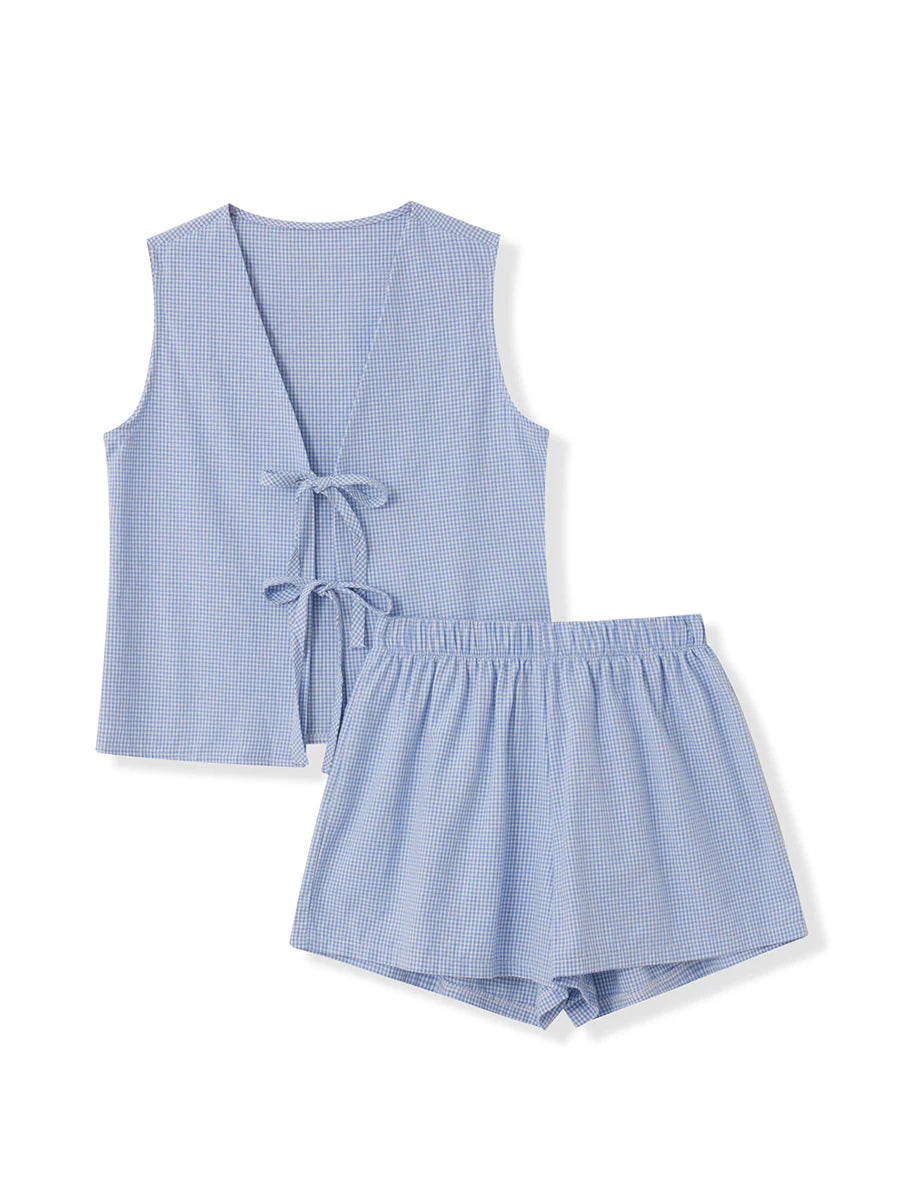 Women 2-Piece Shorts Set Plaid Print Lacing V-Neck Sleeveless Tank Tops Elastic Waistband Shorts Loungewear Outfits DEEP BLUE