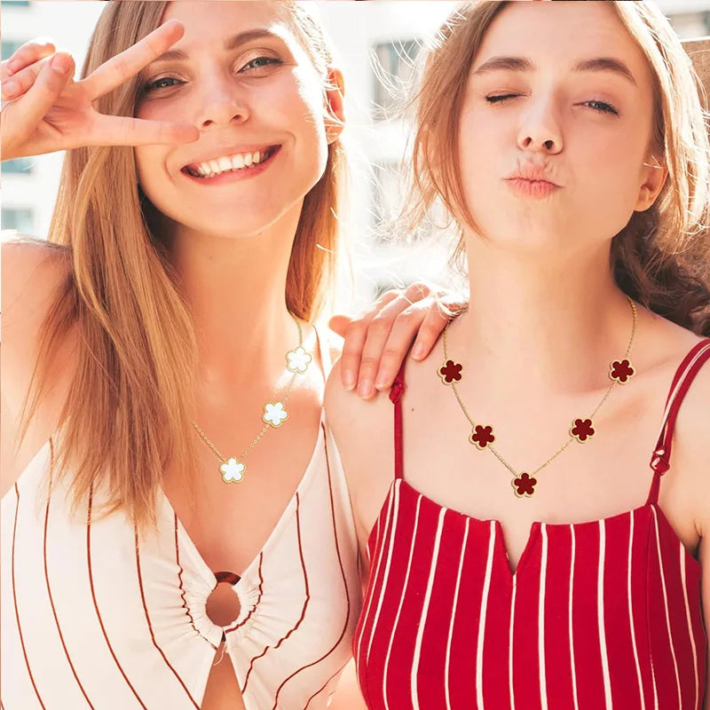 Stainless Steel Sets Earrings Necklace Bracelet Christmas Birthday Gifts Gold Plated Women's Double Sided Flower Elegant Fashion