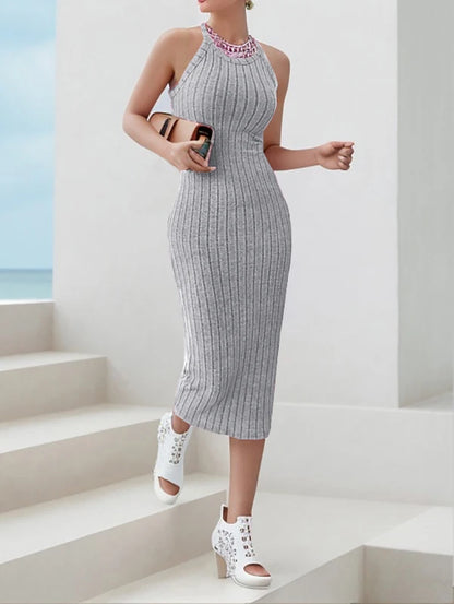 Solid Halter Neck Bodycon Midi Dress High-end temperament vest halter dress women's summer new high-waist slim temperament slim GRAY