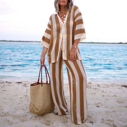 Women With Summer V-neck Button Top & Wide Leg Pants Suits Spring Crochet Hollow Knitted Set Woman 2 Pieces Striped Print