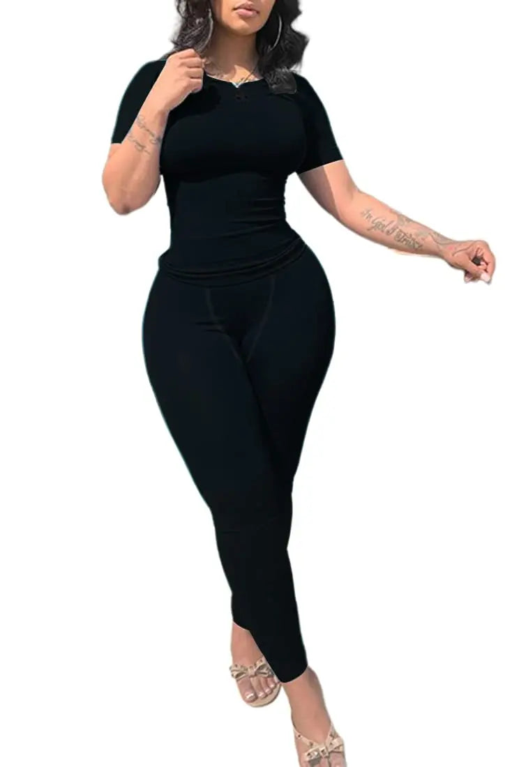 Lounge Wear Ribbed Casual 2 Piece Summer Shorts Set For Women Sleeve Top+Elastic Leggings Outfits