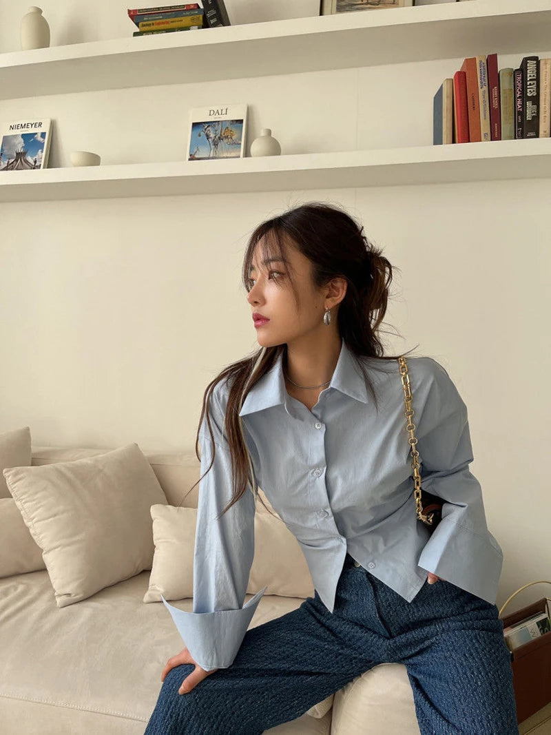 Gidyq Korean Bandage Shirt Women Fashion Backless Sexy Blouse Office Ladies Casual Slim Chic Turn Down Collar Long Sleeve Tops