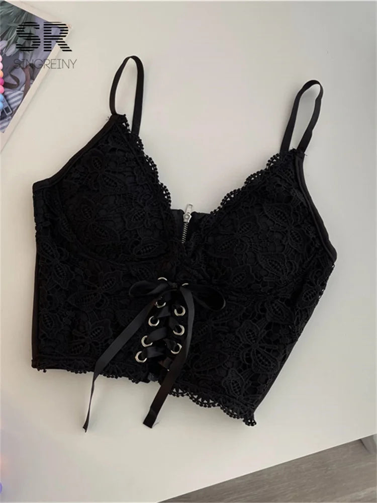 SINGREINY Sexy Lace Strap Crop Tops For Women Fashion Sleeveless Design Corset Bustier Party Top Summer Bralette Short Camisole