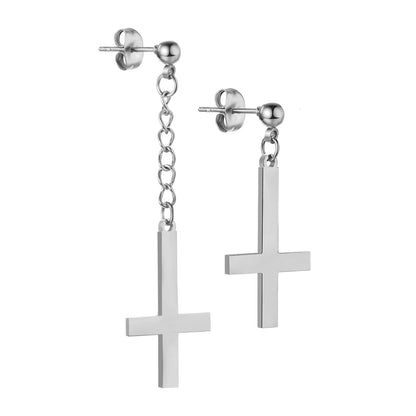 BONISKISS Men Women Stainless Steel Inverted Upside Down Cross Earring Church of Satan Temple Occult Satanic Witchy Stud Jewelry Asymmetrical Silver