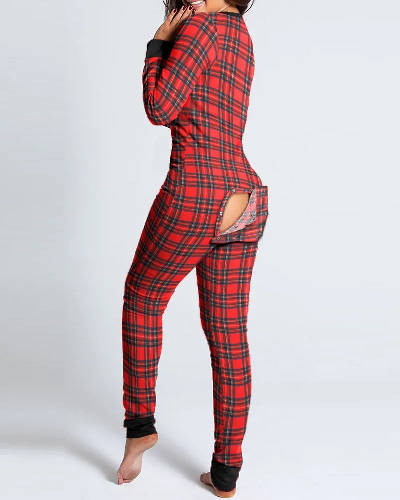 Sexy Pyjama Women's Jumpsuit Suit Button-down Front Back Butt Bum open Ass Flap Jumpsuit Loungewear Christmas Print Buttoned Color matching