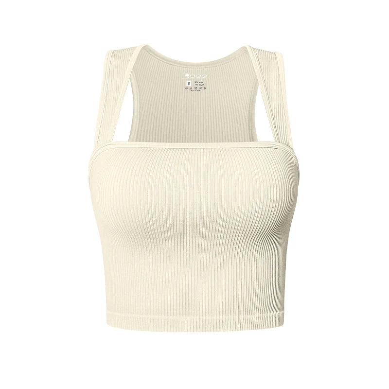 Women Slim Tank Top Sexy Square Neck Sleeveless Ribbed Tops Ladies Crop Top Beige