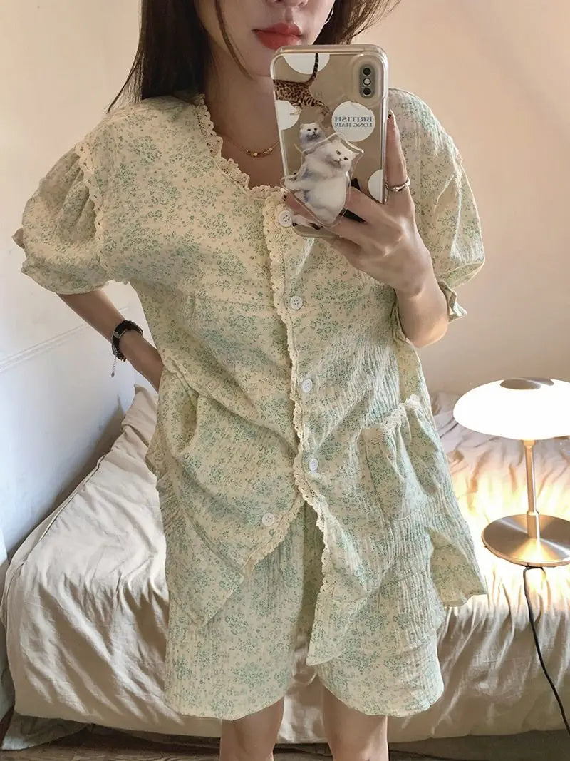 Ruffles Women Pajamas Sets for Home Summer Floral Sleepwear Shorts Sleeve Lace 2 Pieces Button Night Wears Korean Home Suit 2024