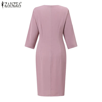 ZANZEA Elegant Office OL Dress Summer Women Half Sleeved Party Sundress Solid Knee Length Robe Fashion Holiday Work Vestidos
