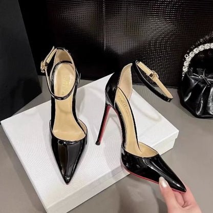 2025 new thin with a line with black high heels shallow mouth pointed patent leather temperament sexy hollow women's shoes