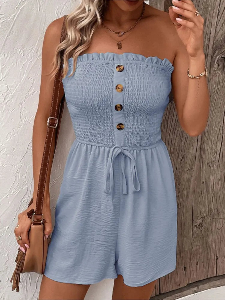 Summer Fashion Splicing Women's Solid Color Sexy Sleeveless Bra Button Tie Waist Casual Comfortable Jumpsuit Shorts 3/4
